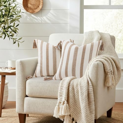 Smile Bee Outdoor Striped Pillow Covers 18x18 Set of 2 Brown and White