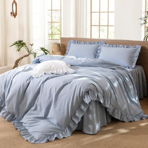 MooMee Ruffle Duvet Cover Set 100% Washed Cotton Queen