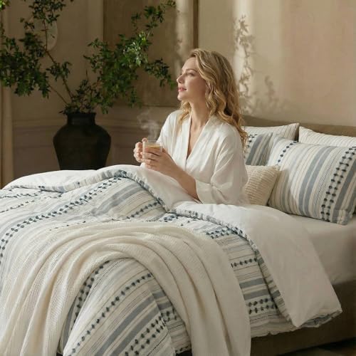 100% Cotton Duvet Cover Queen Size – Gray Yellow Striped Bedding Set