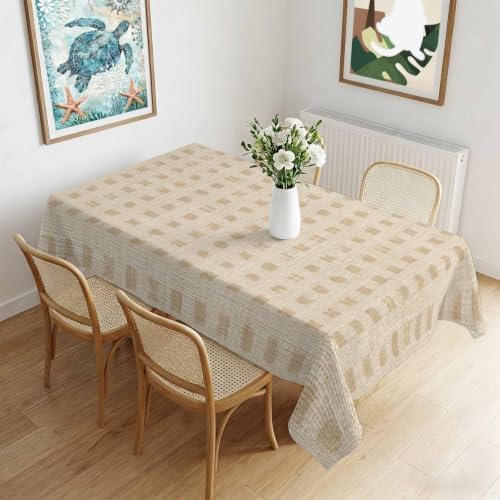 Beige Block on Linen Waterproof Tablecloth Rectangle Washable Table