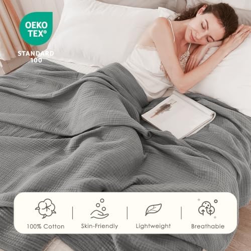 EMME Muslin Cotton Blanket Adults Coverlet,Cal King,Grey 2