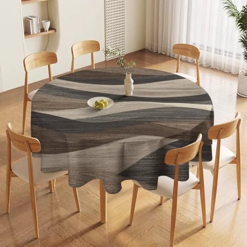 Round Tablecloth Rustic Wave Line, Washable Beige Texture Table Cover