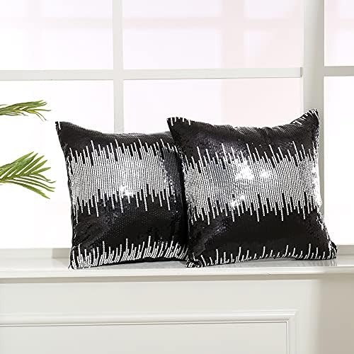 Eternal Beauty 2 Pcs Black & Silver Sequin Throw Pillow Covers 18x18