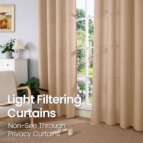 BGment Faux Linen Curtains for Living Room, 52 x 95 Inch, Tan 2 Panels