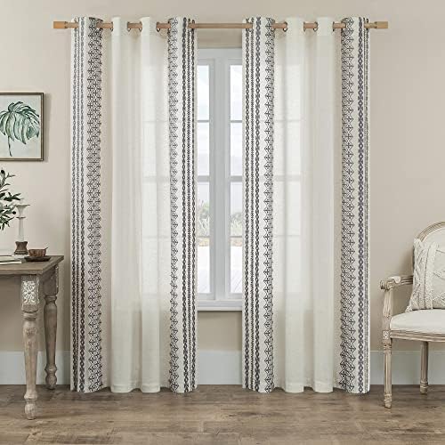 Boho Curtains 63 Inch Length 2 Panels Set Natural Linen Textured