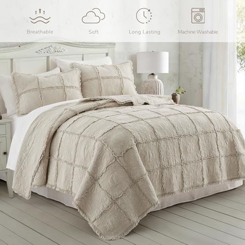 HORIMOTE HOME 100% Cotton Ruffle Quilt Set King Size, Beige Farmhouse