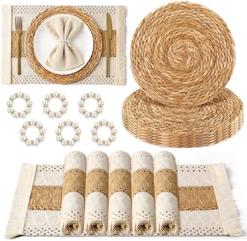 6 Sets Boho Placemats, Rattan Burlap Mats, Pearl Napkin Rings
