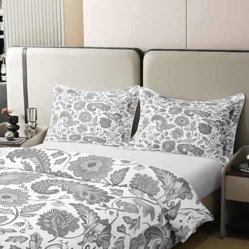 100% Cotton Gray Flowers Queen Duvet Cover Watercolor Retro Baroque