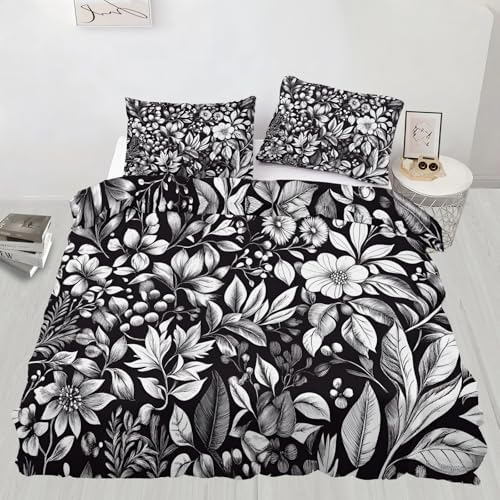 Grey Floral Bedding Duvet Cover, Botanicals Comforter Set with Zipper