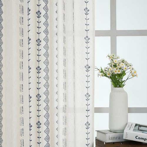 Sheer Linen Boho Patterned Curtains 50x63 Inches Long for Living Room