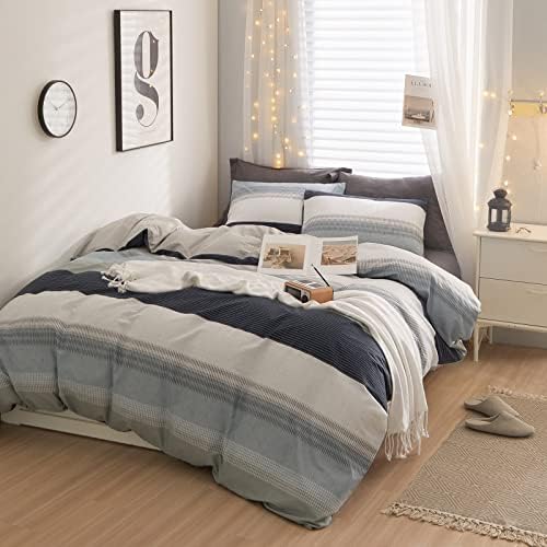 LifeTB Cotton Twin XL Duvet Cover Gray Blue White Striped Duvet Cover