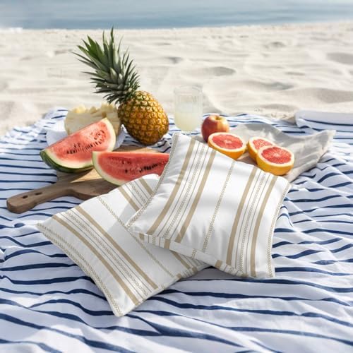 Outdoor Waterproof Pillow Covers 18x18 Inch Cream Stripes Pack of 2