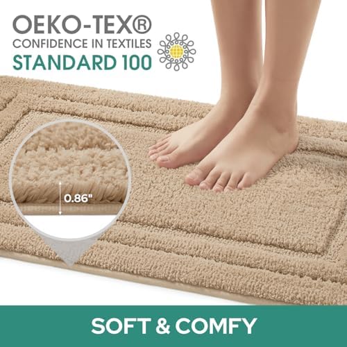HOMEIDEAS Khaki Bathroom Rugs Set of 3, Non Slip Bath Mats