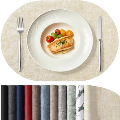 Homaxy Oval Faux Leather Placemats Set of 6, Easy to Clean, Beige