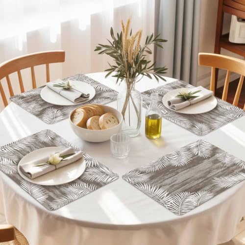 Minimalist White Palm Leaves Leather Placemats Set of 6, 12x18 Inch
