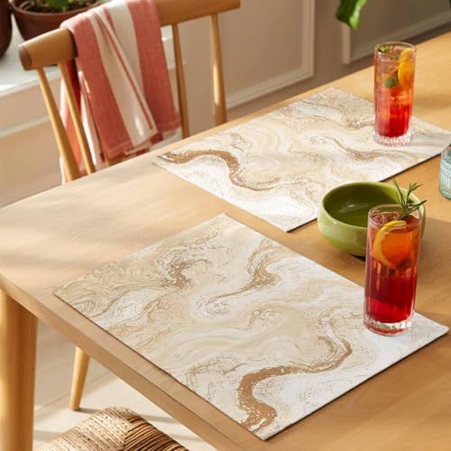 Placemats Set of 6, Beige Marble Cotton Linen Place Mats, Chic Neutral