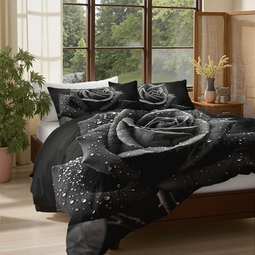 Realistic Dewdrop Rose Duvet Cover King 3Pcs, Breathable Microfiber