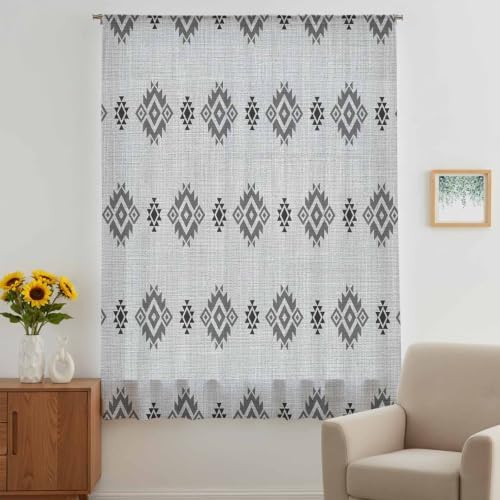 Sheer Curtains 63 Inches Long for Living Room/Bedroom, Grey Boho Rod