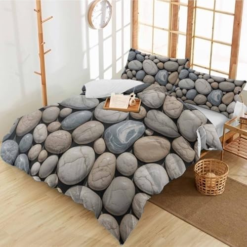 Duvet Cover Set Queen, Abstract Natural Grey Cobblestone 3 Piece