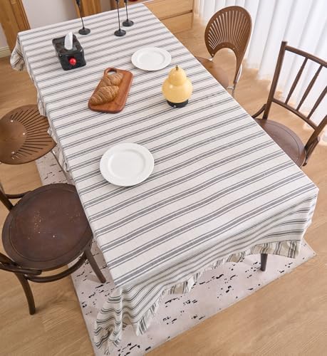 vctops Farmhouse Grey Stripe Ruffle Table Cloth, Boho Cotton Linen