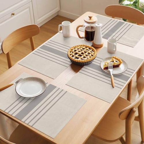 Watercolor Grey Striped Line Placemats Set of 4 Washable Table Mats