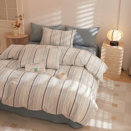 HighBuy Blue Grey Striped Duvet Cover Set King 100% Washed Cotton