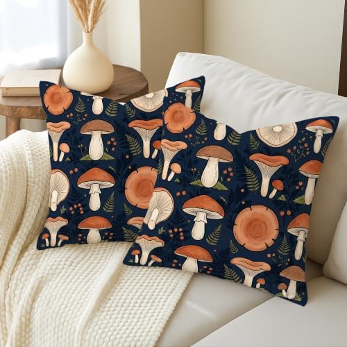 Mushroom Throw Pillow Covers Set of 2, Fanciful Rustic Fern Floral