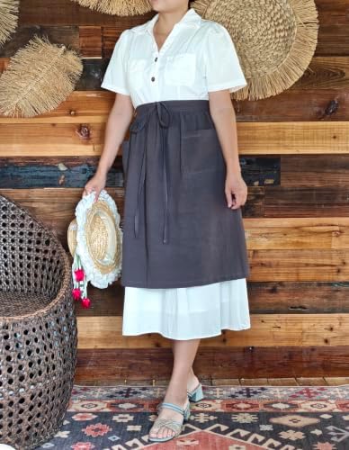 Unisex Chef Aprons White Retro Cotton Maid Short 2 Pockets Waist