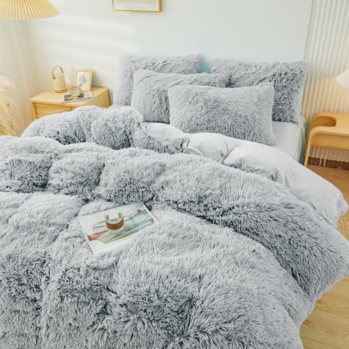 Fluffy Grey Faux Fur Comforter Cover Set Twin,Fluffy Fuzzy Plush Grey