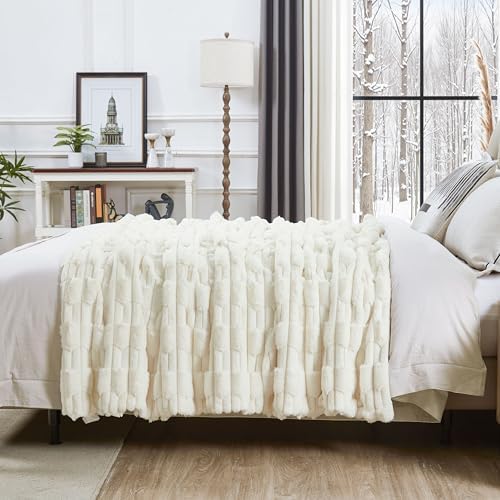 JONIYEAR Soft Fluffy Striped Faux Rabbit Fur Throw Blanket for Couch