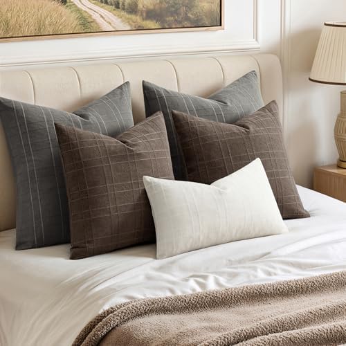 MIULEE Linen Plaid Pillow Covers Decorative Euro 24x24 Charcoal Gray