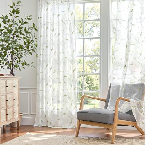 Lazzzy Embroidered Sheer Curtains Floral Leaf White Sheer Curtain for