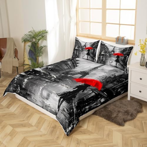 Paris Eiffel Tower Duvet Cover Set Queen Size,Rainy Night Red Umbrella