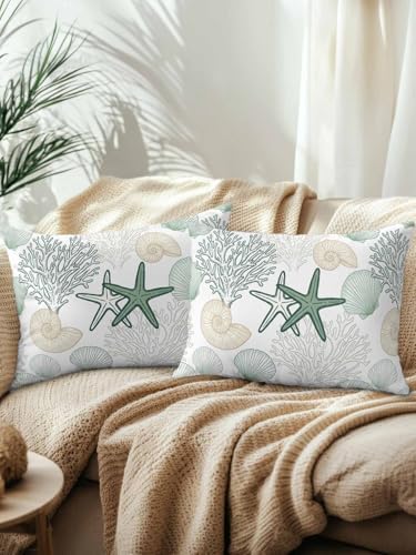 Outdoor Pillows Waterproof, Green Coastal Bedding Throw Pillows with