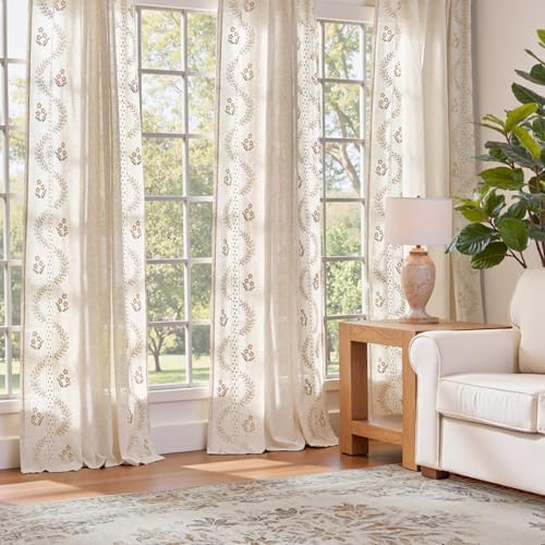 jinchan Floral Linen Curtains 63 Inch Farmhouse Back Tab 2 Panels