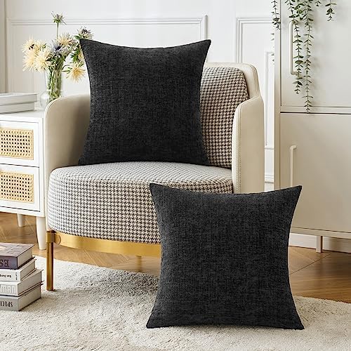 MIULEE Soft Chenille Throw Pillow Covers Black 18x18 Inch Pack of 2
