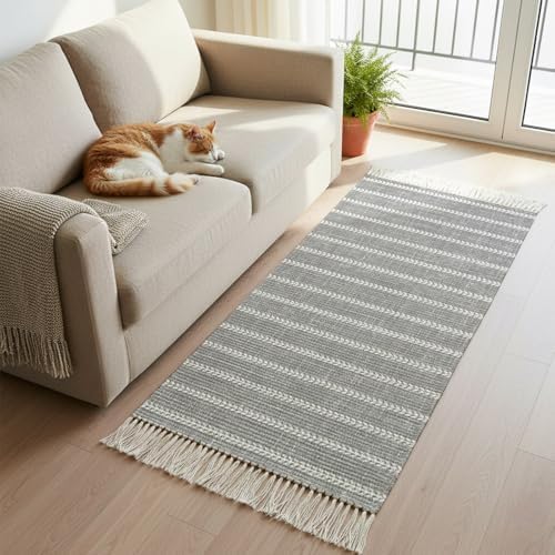 Light Gray Striped Hallway Runner Rug 2'x5', Modern Minimalist Stripe