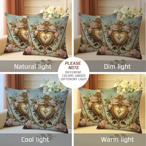 Vintage Floral Heart Throw Pillow Covers Set of 2, Cream and Gold