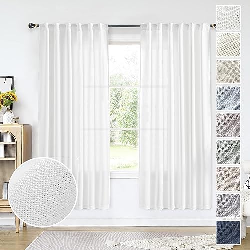 White Linen Curtains 63 Inch Length for Living Room 2 Panels Back Tab
