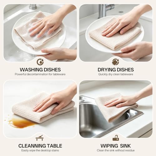 100% Cotton Waffle Kitchen Dish Towels Beige 12 * 12 4 Pack