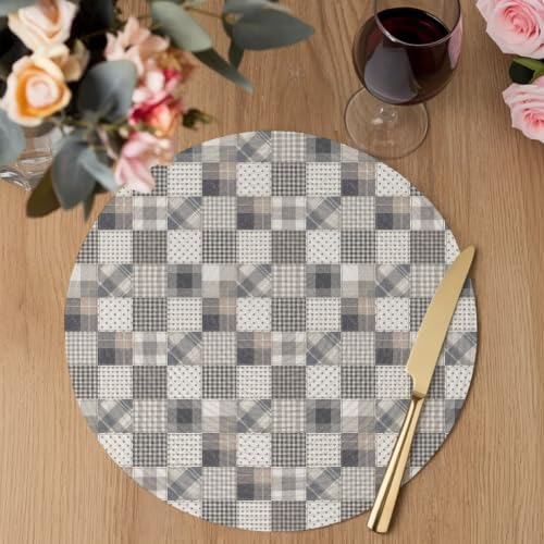 Patchwork 15 Inch Round Placemats Set of 6, Vintage Gray Minimalist