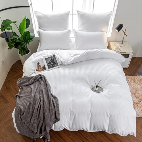 Hotel Duvet Cover Queen Size White Satin Pin Striped 3 Piece Set