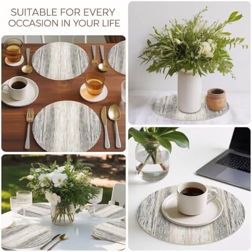 Vintage Wood Planks Faux Leather Placemats Set of 6, 15in, Waterproof