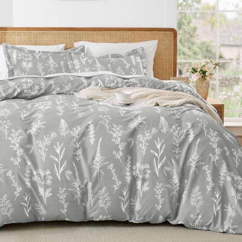 MUXHOMO Duvet Cover Full Size, 3-Piece Floral Silver Grey Bedding Set