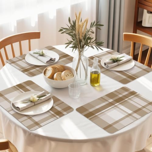 Vintage Beige Brown Plaid Leather Placemats Set of 6,12x18