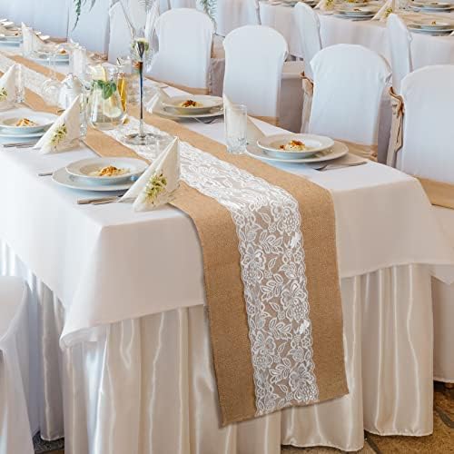 Chumia 12 Pack Burlap Table Runners with Lace 12 x 72 in, Pretty Style