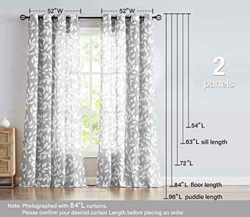 Grey Semi Sheer Leaf Curtains 52x63" Semi Sheer Panels Privacy Drapes