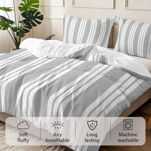 3 Pieces Bedding Set King Size, Striped Grey Soft Duvet Covers Set