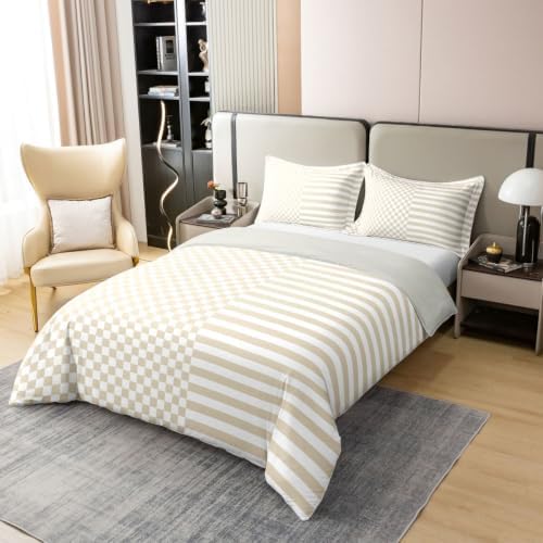Erosebridal Beige and White 100% Cotton Duvet Cover with Zipper Queen