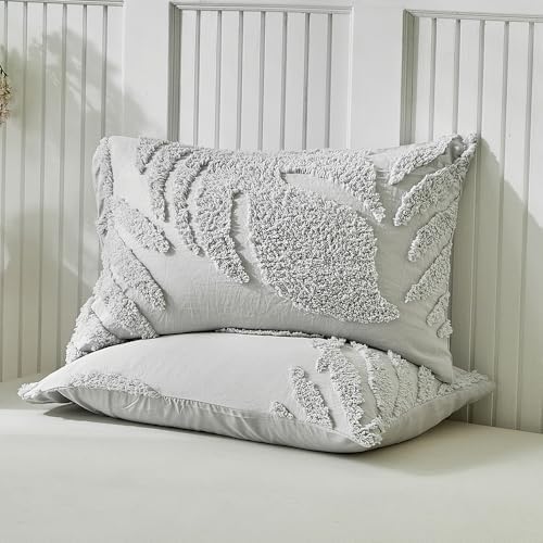 Grey Full Duvet Cover Set, Boho Tufted Palm Leaf Bedding, Soft